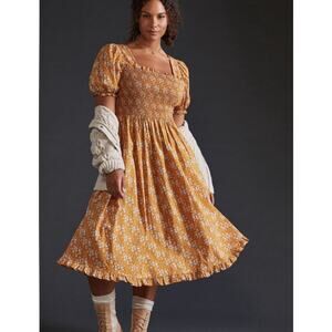 Anthropologie Mender Smocked Midi Dress Floral Ruffle Square Neck Puff Sleeve